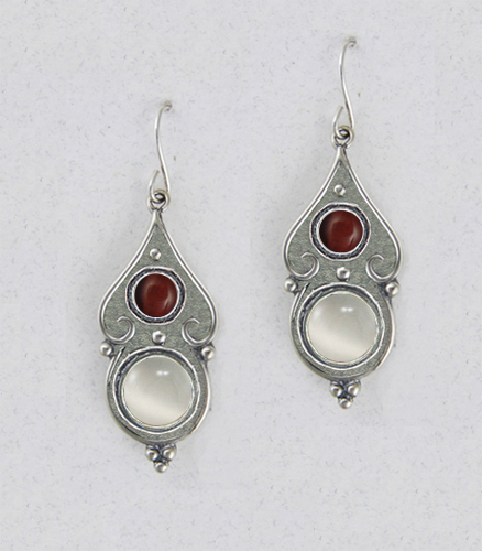 Sterling Silver White Moonstone And Red Tiger Eye Gemstone Drop Dangle Earrings